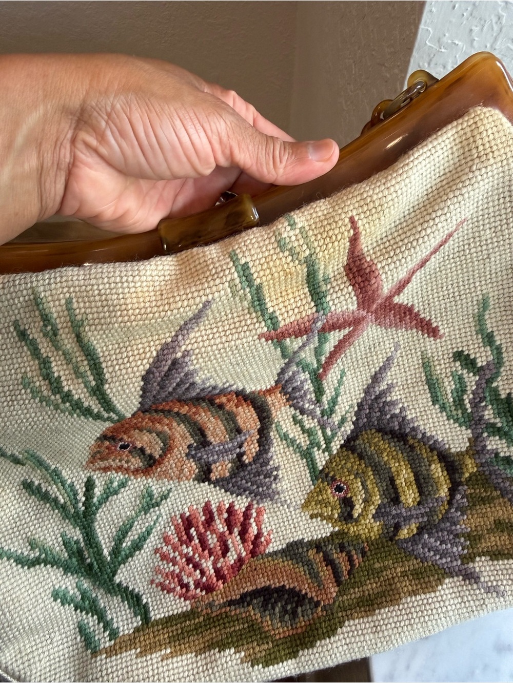 Vintage Embroidered Fish Motif Shoulder Bag Handle Bag - Beige - Picture 16 of 16